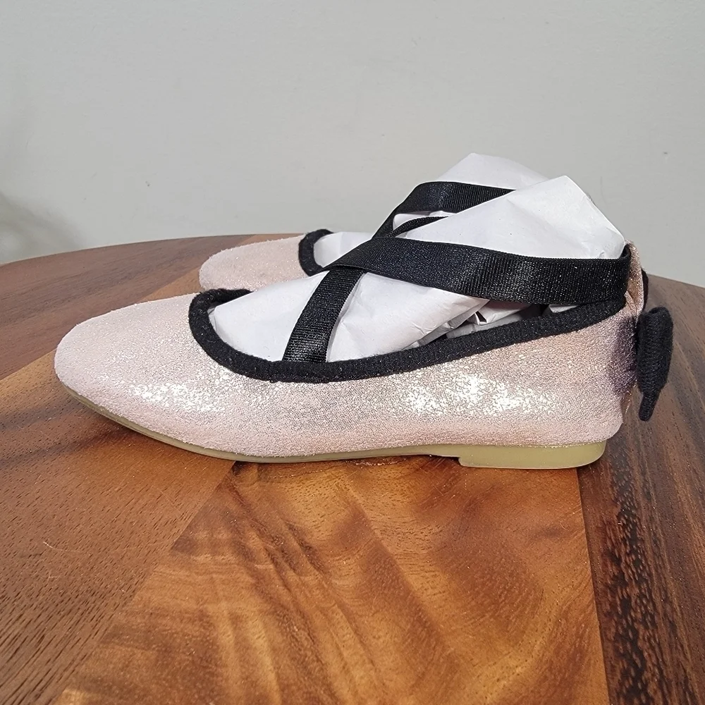 Cat & Jack Pink Shimmer Ballet Flats Girls Size 8 Criss Cross Top Back Bow